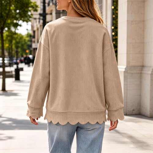 Crew Neck Sweatshirts Women Fall Corduroy Scalloped Bottom Sweatshirt - image 2