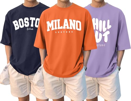 Image of LEOTUDE Men's Oversize Graphic Printed Combo Pack of 3 T-Shirt | Round Neck Half Sleeve T-Shirt for Men's (Combo : Pack of 3)