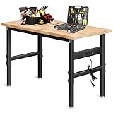 48' Adjustable Work Bench with Power Outlet, Oak Hardwood Top Heavy Duty Work Bench, Wood Workbenches for Garage, Workshop, Office, Home, 2000 LBS Load Capacity Work Table