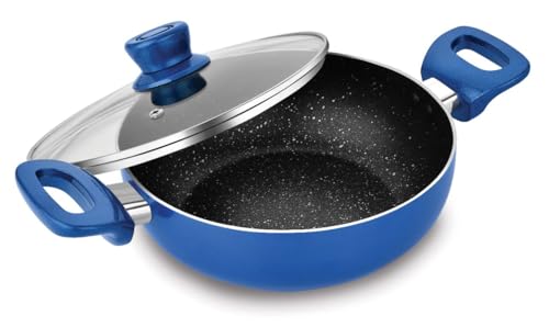 Image of KITCH'N'STUFF || Non Stick Hammered Tone Kadhai with Glass Lid 1 LTR, 22 cm, Blue (THk 3.0MM)