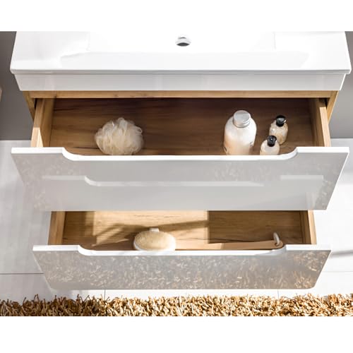 Lomadox Badmöbel Set in Hochglanz weiß mit Wotan Eiche Nb., 81 cm Waschtisch-Unterschrank mit Keramik-Waschbecken, LED-Spiegelschrank, 3 Hängeschränke, Hochschrank