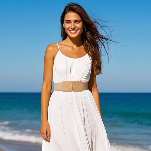 JASGOOD Straw Woven Elastic Belts for Women,Rattan Wide Stretch Belt for Dress Boho Wear Ladies Raffia Braided Square Belt2
