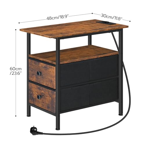 HOOBRO Mesita Auxilar con Base de Carga, Mesa Auxiliar Estrecha, Mesilla de Noche con 2 Cajones en Tejido no Textil, Mesa Auxiliar de Sofá Estrecha para Espacios Reducidos, Marrón Vintage EBF486CBZ01 - imagen 3