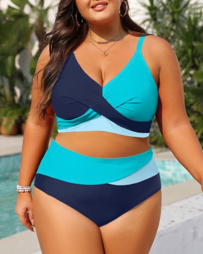 Image of Tempt Me Plus Size High Waisted Two Piece Swimsuit Color Block Bikini Set | Removable Padded Cups for Large Bust, Twist front Design, Color Block Style, Adjustable Straps