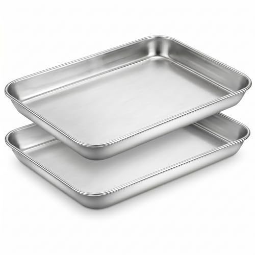 2 Pcs Toaster Oven Pans for Baking, 10 x 8 Inch Stainless Steel Baking Sheet Set, Nonstick Small Cookie Sheets for Oven, Heavy Duty Quarter Sheet Pan, Dishwasher Safe & Easy Clean (Silver)