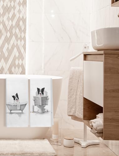 XUNLURY Funny Border Collie Bathroom Hand Towels, Dog Bathroom Decor, Border Collie Gifts for Women, Trendy Black and White Dog Decorative Hand Towels for Bath Room, 16x24 Inch Set of 2 — view 4