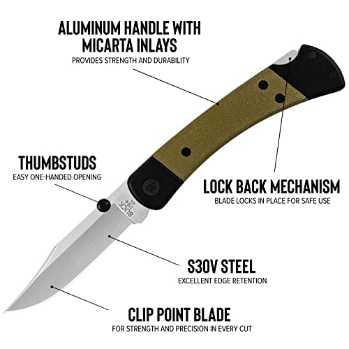 Buck Knives 110 Hunter Sport Folding Pocket Knife, Aluminum Screw-Together Handle, 3-3/4" Clip-Point S30V Steel Blade With Pocket Clip #TOP1