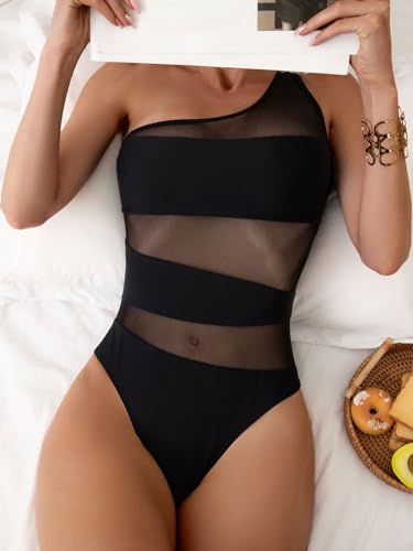 Women's one-Piece Swimsuit mesh Paneled one-Shoulder Sexy Tummy-Controlling Monokini3
