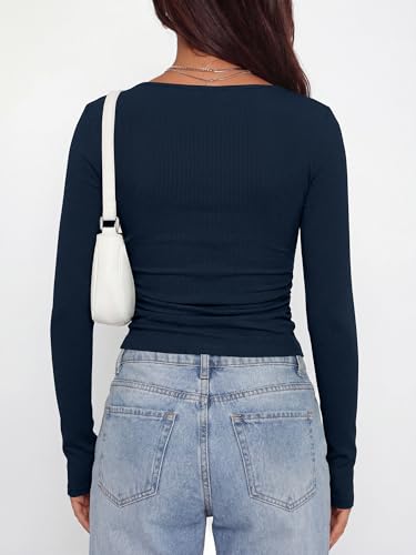 BTFBM Womens Long Sleeve T Shirts Spring Clothes 2026 Ribbed Slim Fit Boat Neck Casual Going Out Tops Workout Outfits(Navy Blue, Large) - image 3