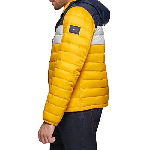 Tommy Hilfiger Men's Water Resistant Ultra Loft Filled Hooded Puffer Jacket, Yellow Tricolor Stripe, Large #TOP2
