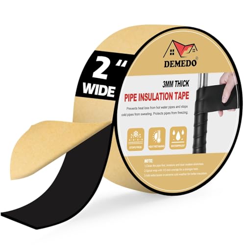 DEMEDO Pipe Insulation Tape, Pipe Wrap Insulation Foam Tape Self Adhesive, Outdoor Water Pipe Insulation Roll for HVAC, AC Line Insulation, 2 inch x 16.5 FT Heat Tape for Water Pipe, Black