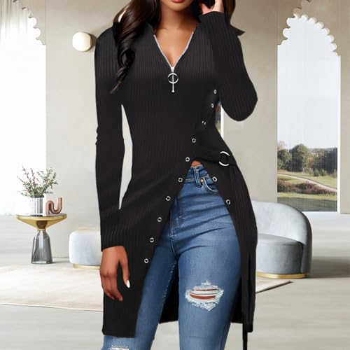 Women's Sexy Side Split Ribbed Long Sleeve Tops Zip Up V Neck Asymmetrical Hem Longline Tunic Blouses Tops3