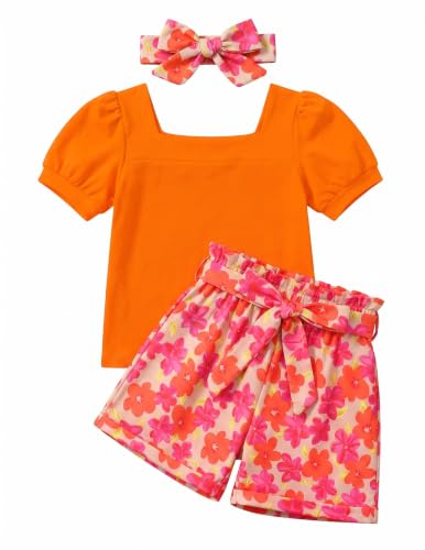 Image of Arshiner Toddler Girls 3 Piece Outfit Set Puff Sleeve Square Neck Top with Shorts and Matching Headband Summer Clothes 2T-8Y