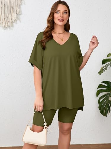Image of AusLook Women's Plus Size 2 Piece Short Outfits Set Short Sleeve Tops and Shorts Pants Lounge Jogging outfits Matching Set