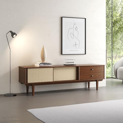 Meuble TV SIMONA L 175 cm en bois massif coloris châtaignier avec 2 Tiroirs 2 Portes Coulissantes, Pour téléviseur jusqu'à 75, Style Vintage Scandinave Années 50 avec Rotin Tressé, Rangement pratique