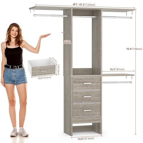 Besiost 4FT Small Closet System with 3 Fabric Drawers, 48'' Closet Organizer System With 3 Adjustable Shelves, Flexible Built-In Clothes Garment Rack for Small Space, 48"L x 13"W x 71"H, White Oak - Image 6