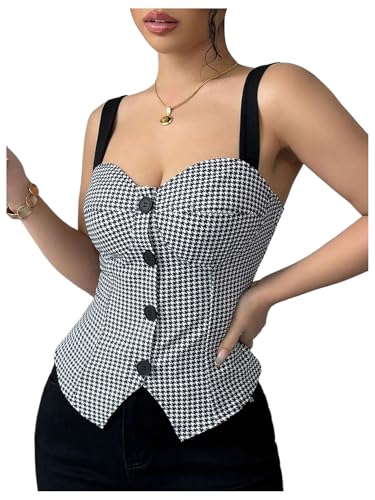 SOLY HUX Womens Vintage Tank Tops Button Down Houndstooth Vest Sleeveless Fitted Top Black and White Medium