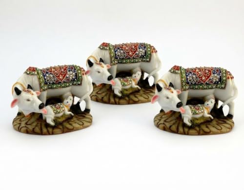 Image of JIYANSH Creation Dust Polyresin Decorative Marble Kamdhenu Cow and Calf Big Handcrafted Statue (3)