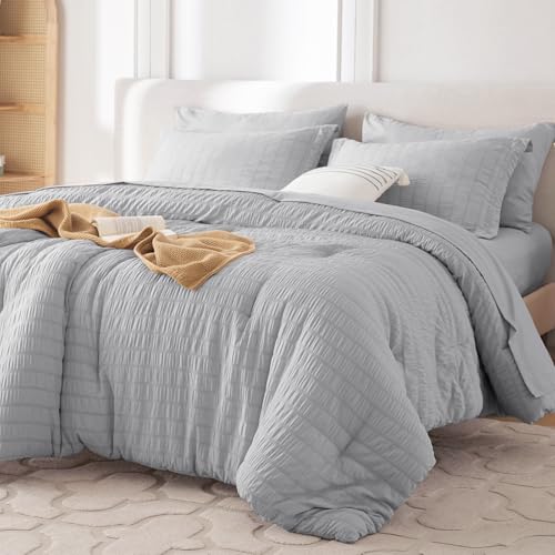 Image of MUXHOMO 7 Pieces Oversized Queen Comforter Set, Seersucker Bed in a Bag Oversized Queen Size, All Season Luxury Bedding Set with Comforter, Flat Sheet, Fitted Sheet, Pillowcases & Shams, Light Grey