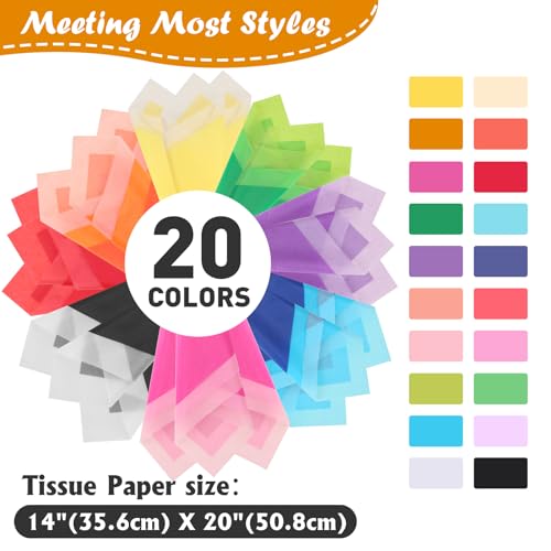 Image of 200 Sheets Tissue Paper, 20 Colors 14 inch X 20 inch Tissue Papers for Gift Bags Birthday Party Flower Decoration, Colored Tissue Paper Bulk for Packaging (Pack of 3)