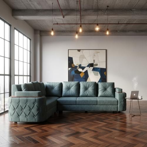 Image of APRODZ Wooden Sofa Set 6 Seater for Living Room, Solid Wood L Shape Sectional Sofa with Velvet Fabric Upholstery, Cushioned Seating for Home, Office & Lounge, Smoky Teal