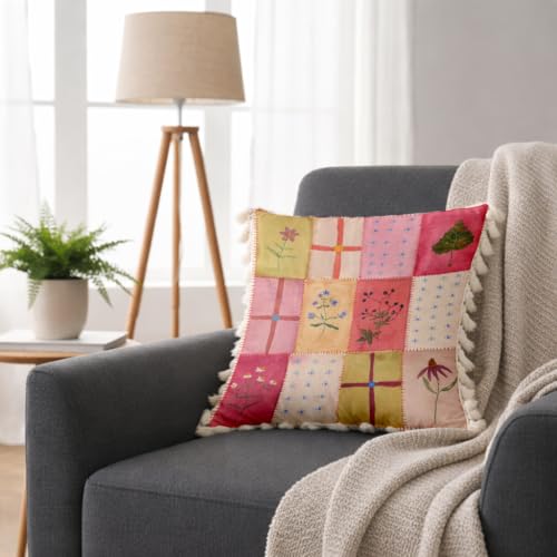 Image of STITCHNEST 'Little Meadow Series' Tassled Cushion Cover | Set of 2 | Floral Cushion Cover 16 inch x 16 inch