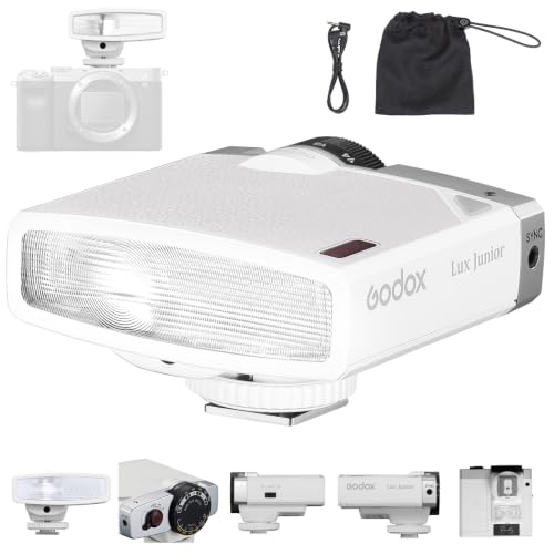 Image of Godox Lux Junior Retro Camera Flash with PC sync Ports (White, 4.6oz) | GN12, 1 /1-1 /64 Flash Power, Auto&Manual Modes, 6000±200K, 28mm Focal Length with Sync Cable for Canon Nikon Sony Fuji Olympus