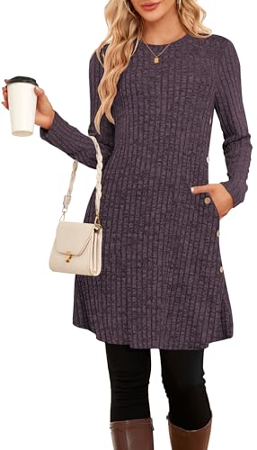 SENBATU Damen Pulloverkleid Herbstkleid Winterkleid Strickkleid Langarm Kleid Tunika Kleid Jumper Kleid(Einfarbig Lila,Mittel)