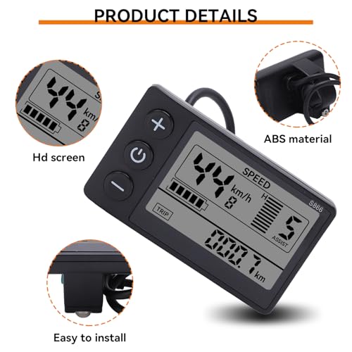 Electric Bike LCD Display Meter, 24V 36V 48V E Bike Display Meter Control Panel with Waterproof Plug Conversion Kit for Electric Scooter 22.2mm/0.9in Handlebars
