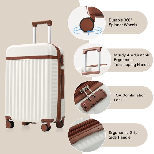 Image of Hardshell Luggage, Lightweight Suitcase with Spinner Wheels, WHITE BROWN+USB