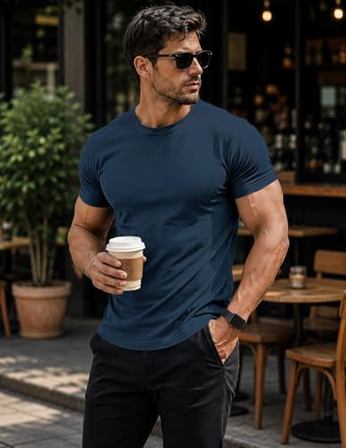 Image of JMIERR Mens Short Sleeve T Shirt Summer Muscle Slim Fitted Crewneck Longline Tees Shirts for Gym Workout