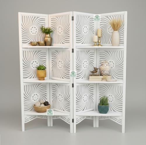 Image of Wooden Room Divider 6 Feet, 4-Panel Folding Wooden Partition for Living Room, Office, Pooja Room, Restaurant, Kitchen & Balcony (2W x 1.82H Meters). (White-Shelves)