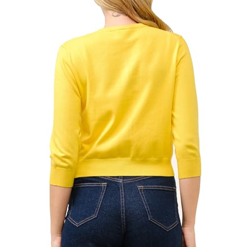 Image of Women's Cropped Cardigan 3 /4 Sleeve Crewneck Button Up Sweater Knit Top (S~XL)