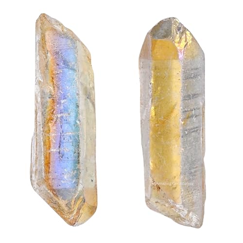Image of Amazing Gemstone 2 Pieces Angel Aura Quartz Raw Pencil Points Crystals and Healing Stones, Natural Rocks for Meditation and DIY Raw Point Stones and Crystals
