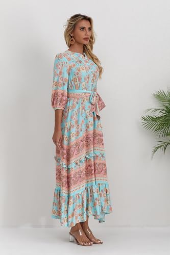 Image of Women Boho High-Waist Floral Print Maxi Dress 3 /4 Sleeve Casual | Soft Rayon, Breathable, Quick-Dry. High-Waist with Adjustable Belt, Flattering Hem. Ideal for Beach, Work & Dating.