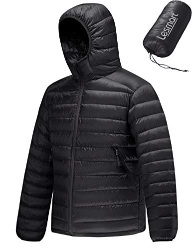 Lesmart Men Jacket Puffer Down Hooded Jacket Packable Lightweight Water Resistant Winter Warm Jacket Coat M Black