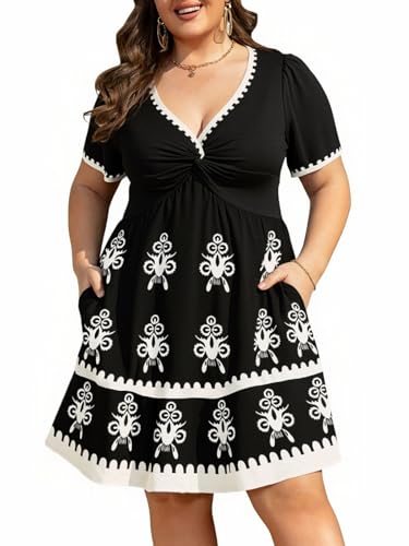 Image of Manllenshie Womens Plus Size Summer Dress Casual Short Sleeves Deep V Neck Twist Knot Front Flowy Dress with Pockets