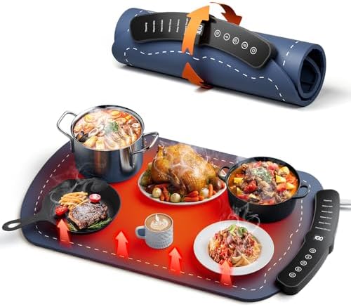 Warming Mat for Food, Fast Full Surface Graphene Electric Warming Tray, Foldable and Portable Food Warmer, 7 Temperature Settings and 1-4 Hour Adjustable Timer, for Parties, Gifts for Mom(Dark Blue)