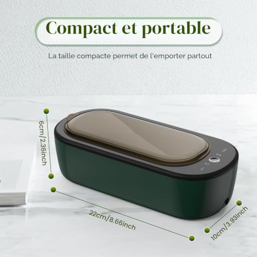 Nettoyeur ultrasons 47 kHz, nettoyeur ultrasons portable 300 ml, nettoyeur de lunettes 50 W avec 4 modes de nettoyage, adapté aux lunettes, montres, bijoux, prothèses dentaires (Vert) – vue 8