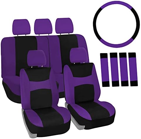 Automotive Seat Covers Purple Universal Fit Combo Set with Steering Wheel Cover and Seat Belt Pad fits most Cars, SUVs, and Trucks (Airbag Compatible and Split Bench) FH Group FB030PURPLE-COMBO