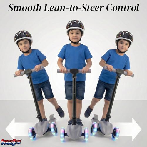 Image of STREETJAM Zoltra LED Wheel Kids Kick Scooter 3-12 Years, LED Light Wheels, BIS Approved, Lean-to-Steer Control, Extra Wide Deck, Vibrant Two-Tone Design, Up to 50 kg Load (Grey with Black)