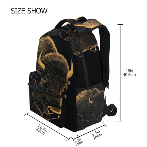 Kids Travel Backpack Golden Line Bison Print Large Capacity School Bag with Name Tag S4