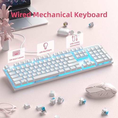 Image of MageGee Mechanical Gaming Keyboard, Wired USB Adjustable Backlight Keyboard, New Mechanical Storm 100% Anti-ghosting Keyboard with Blue Switches for Windows PC /MAC Games (White)