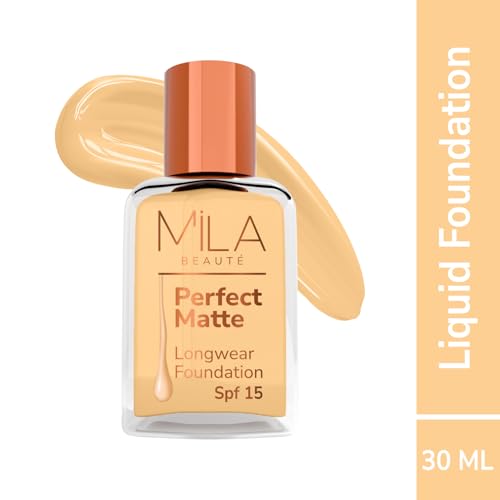 Image of Mila Beaute Perfect Matte Long Wear Foundation | High Coverage, Light Weight & Water Resistant I Oil Free Formula With SPF 15 & Vitamin E | Smooth Matte Finish | Keeps Skin Hydrated | Shade - ( 2 Natural Beige, 30ml)
