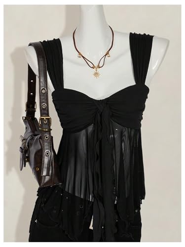 Milumia Women's Asymmetrical Flowy Tank Top Y2k Tie Front Sweetheart Neck Sheer Mesh Tops Rave2