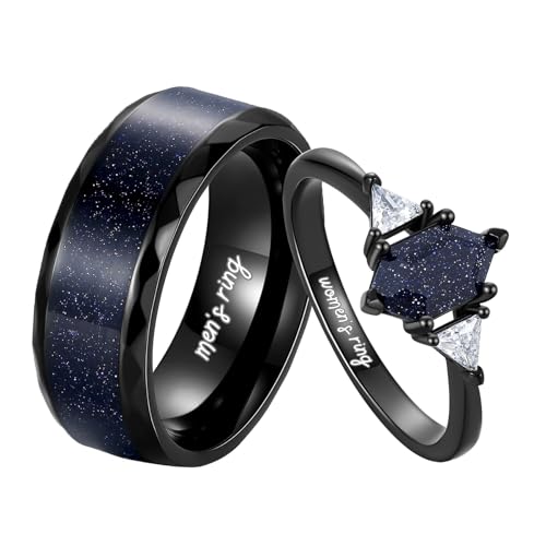 Personalized Engraved Blue Sandstone Couple Rings - Custom Pear Cut, Kite Cut, Hexagon Cut Engagement and Promise Sets