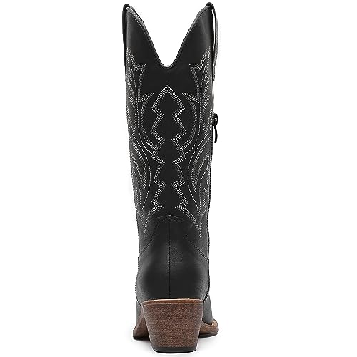 Image of GLOBALWIN Women's Mid Calf Western Cowboy Boots Cowgirl Boots for Women with Floral Embroidery Side Zipper Chunky Heel