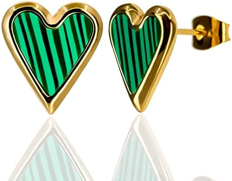 BELLO BEE Heart Stud Earrings 18k Gold Plated Stainless Steel Natural Stone White Shell Green Malachite Black Shell For Women and Girls. (green)