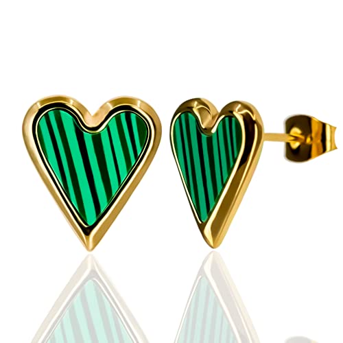 Bello Bee Heart Stud Earrings 18K Gold Plated Stainless Steel Natural Stone White Shell Green Malachite Black Shell For Women And Girls. (Green) #TOP3