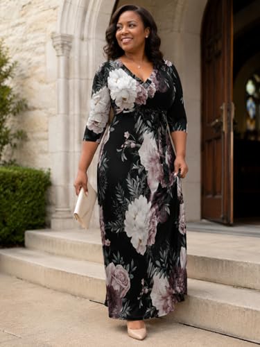Image of SUZONANA Plus Size Dresses for Women Floral Print Maxi Dress Flowy 3 /4 Sleeve with Belt